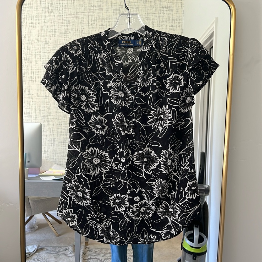 Polo Ralph Lauren black printed floral flutter sleeve top - Picture 1 of 6